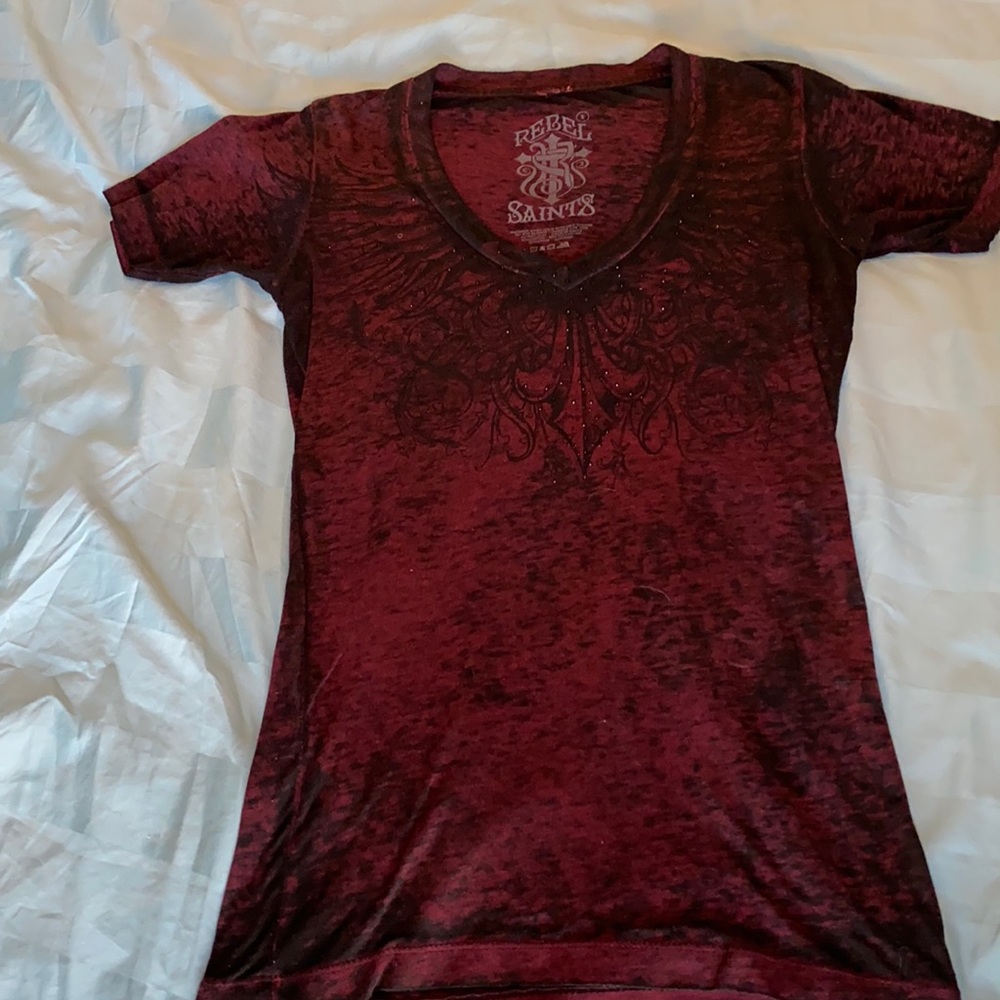 Ladies-Rebel Saints tshirt.. sz S. Embellished with black rhinestones